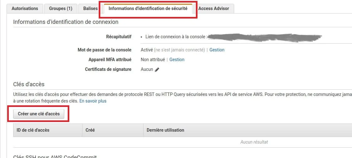 Création des clés d'accès AWS