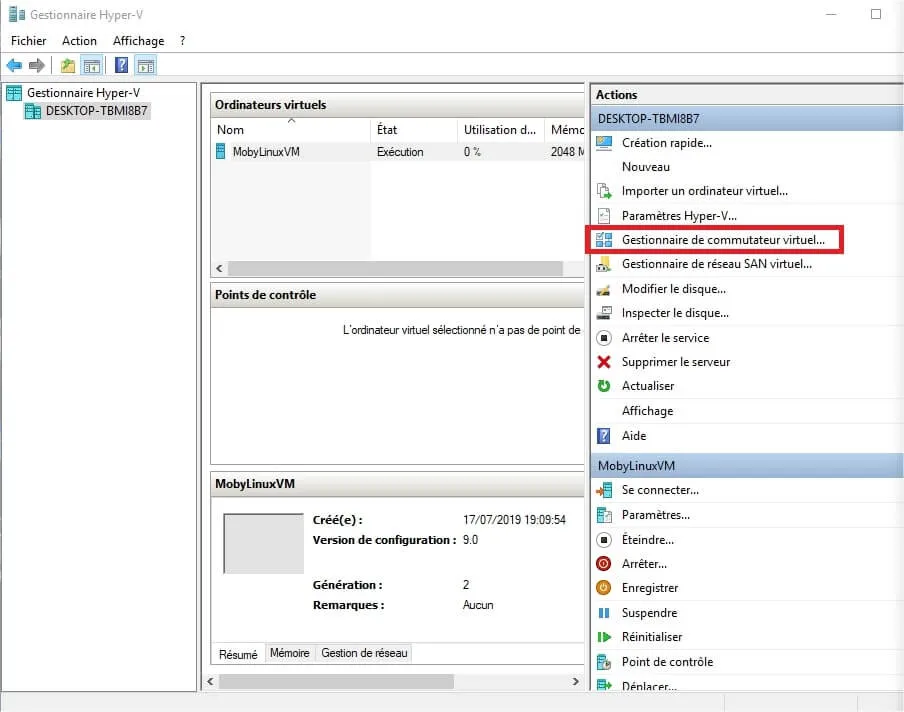 selection du gestionnaire de switch virtuel hyper V