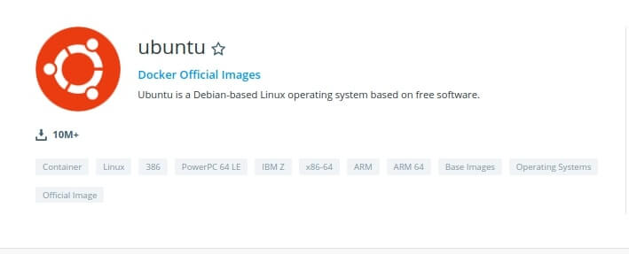 haut droite de la page de l'image officielle d'ubuntu dans le Docker Hub Registry