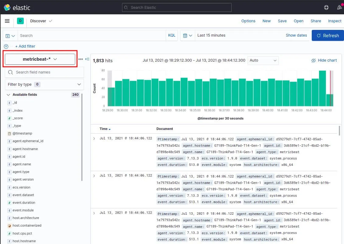 discover kibana pour les logs system metricbeat
