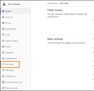 Menu des clés SSH dans GitLab