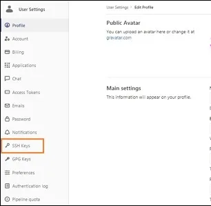 Menu des clés SSH dans GitLab