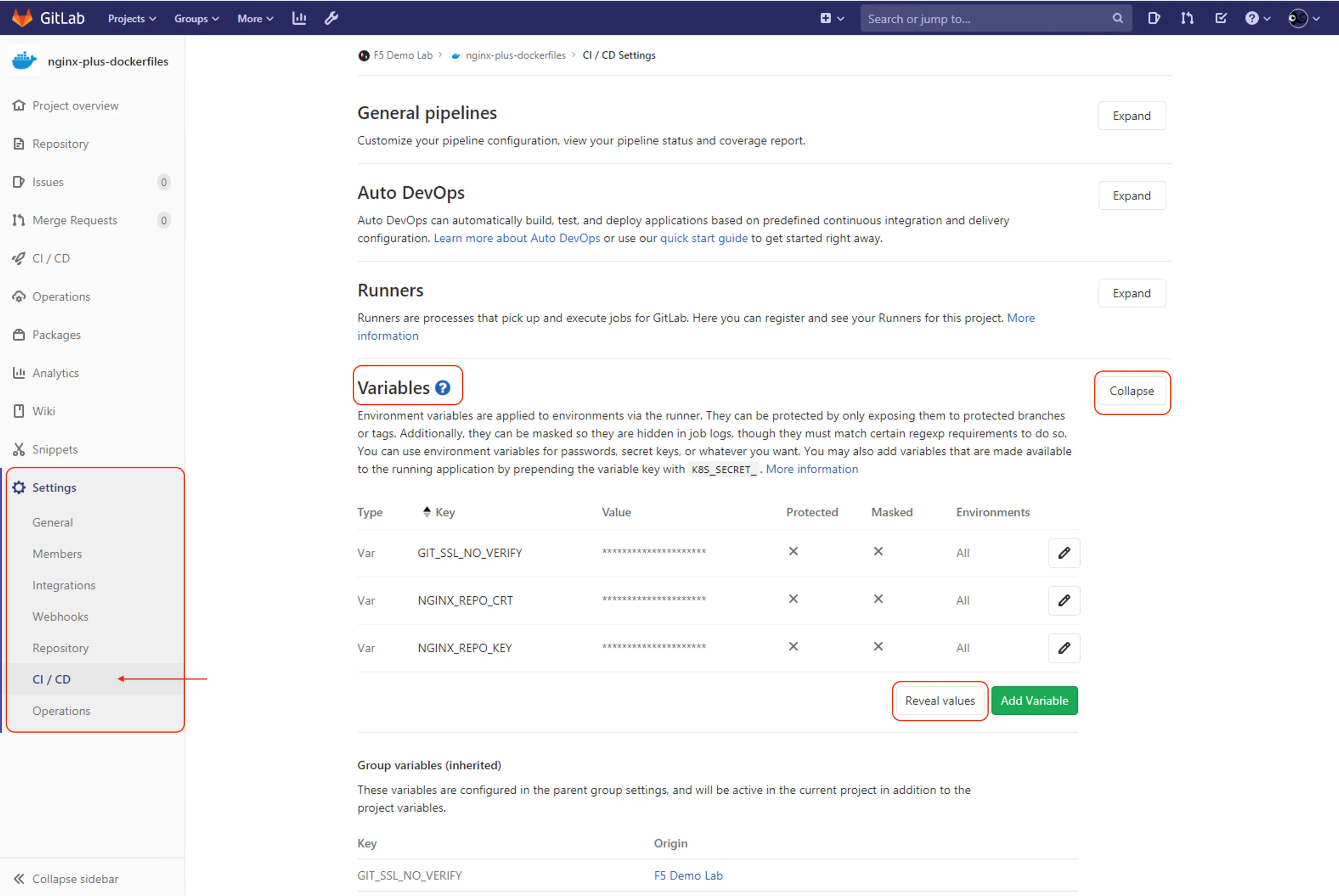 Ajout de variables GitLab