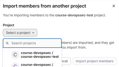 Sélection du projet pour import