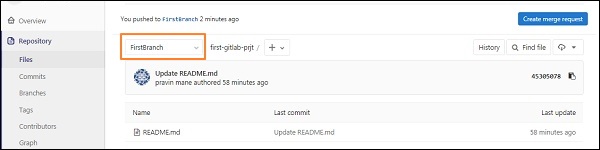 Liste des branches avec la nouvelle branche créée