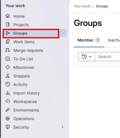 Menu des groupes GitLab