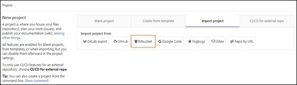 Sélection de Bitbucket comme source d'import