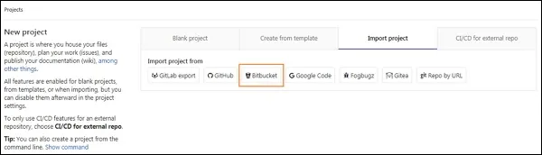 Sélection de Bitbucket comme source d'import