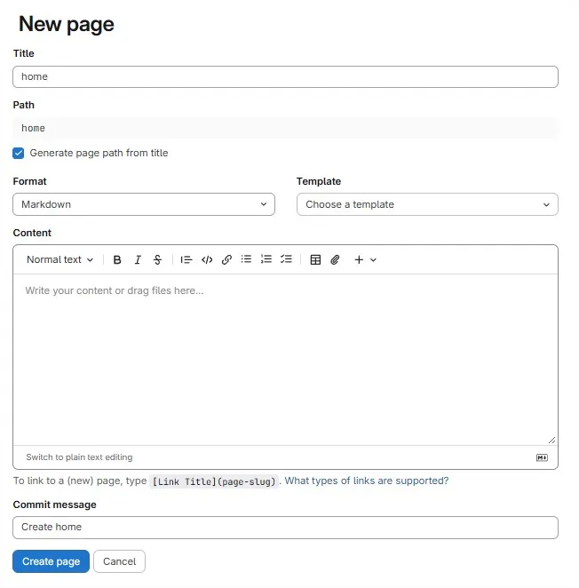 Interface de rédaction d'une page Wiki