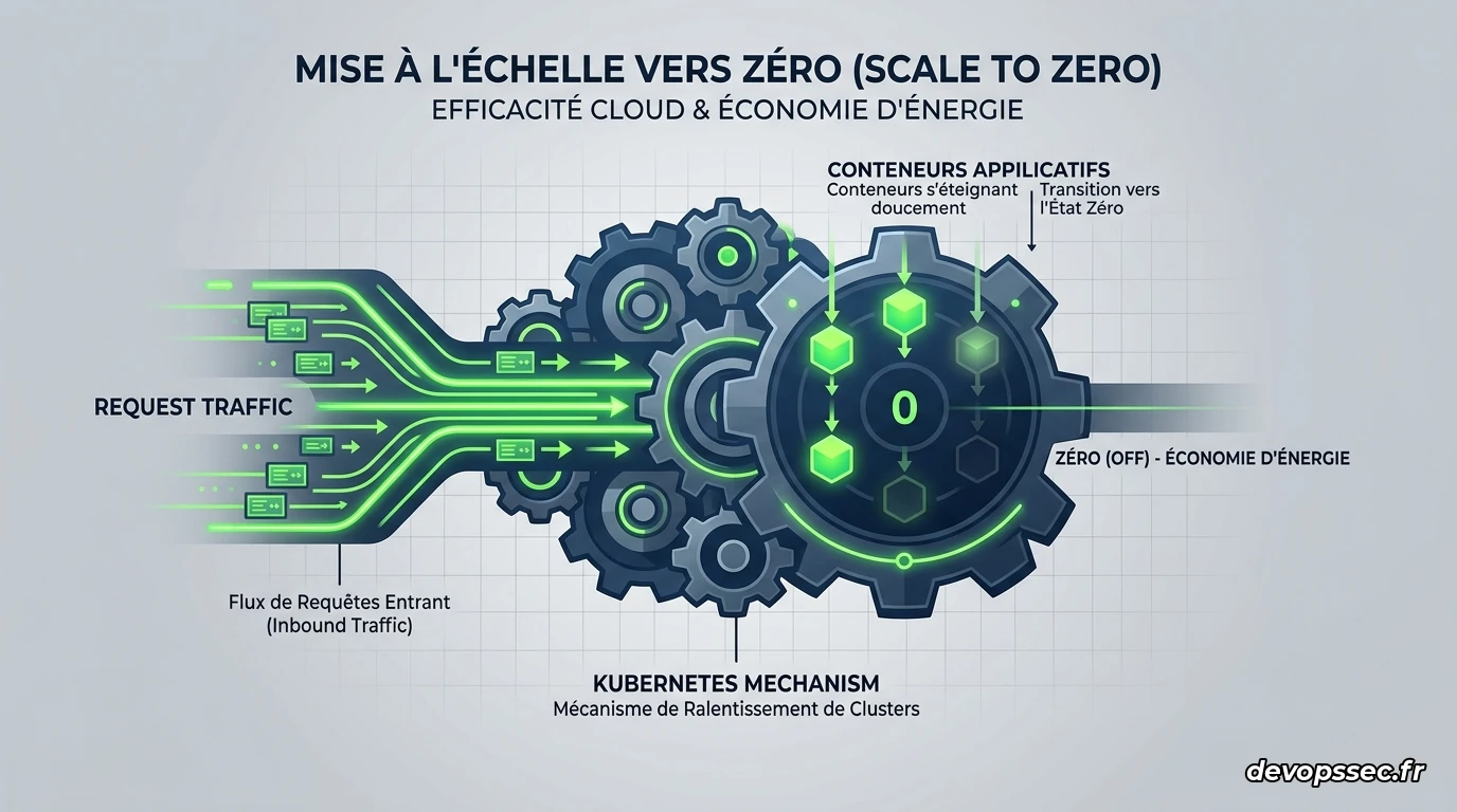 Schéma d'architecture montrant le scale-to-zero avec KEDA dans un cluster Kubernetes