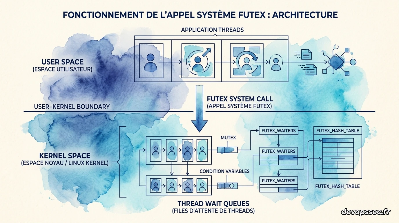 Schéma d'architecture système représentant la frontière entre l'espace utilisateur et l'espace noyau via l'appel système futex.