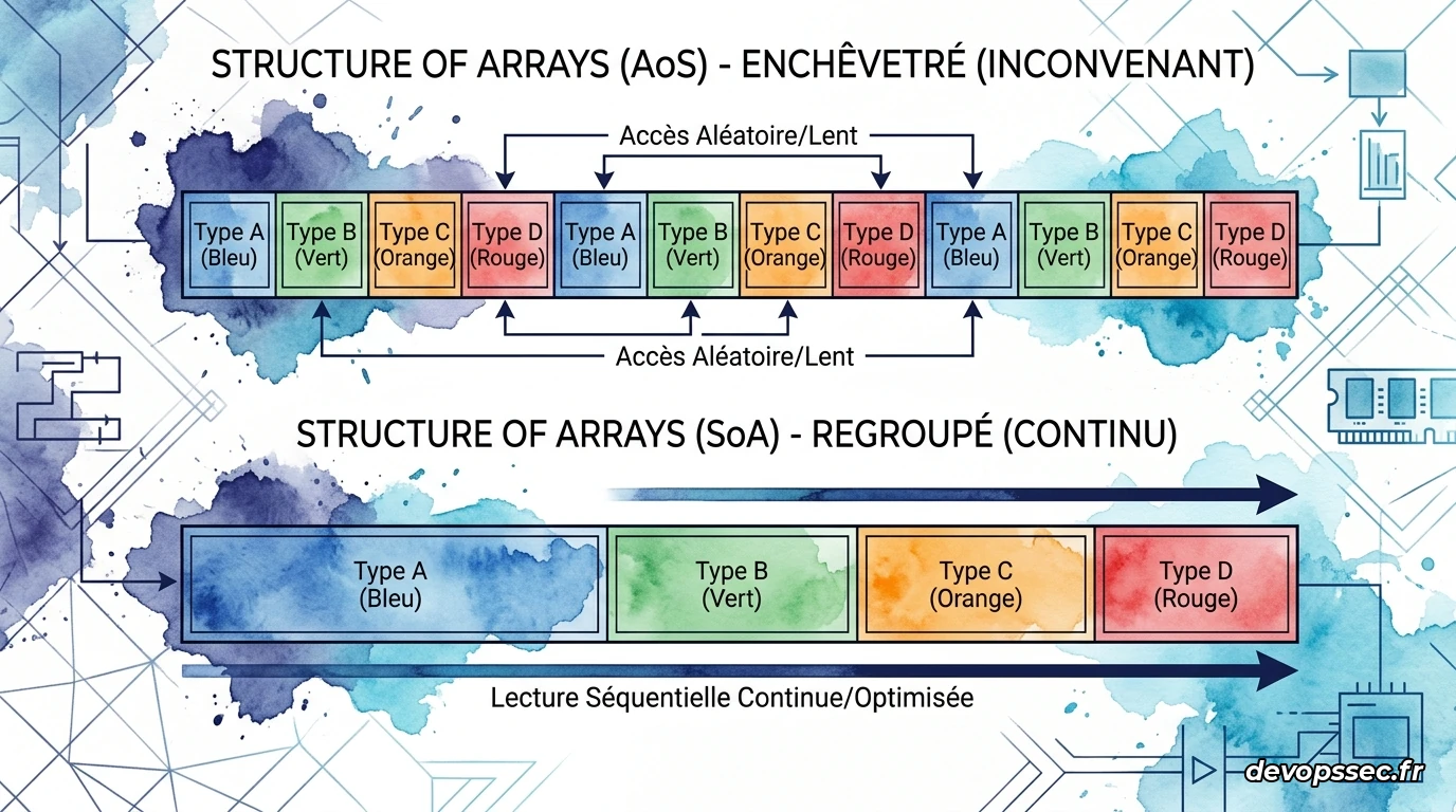 Comparaison conceptuelle de l'organisation mémoire entre Array of Structures (AoS) et Structure of Arrays (SoA).