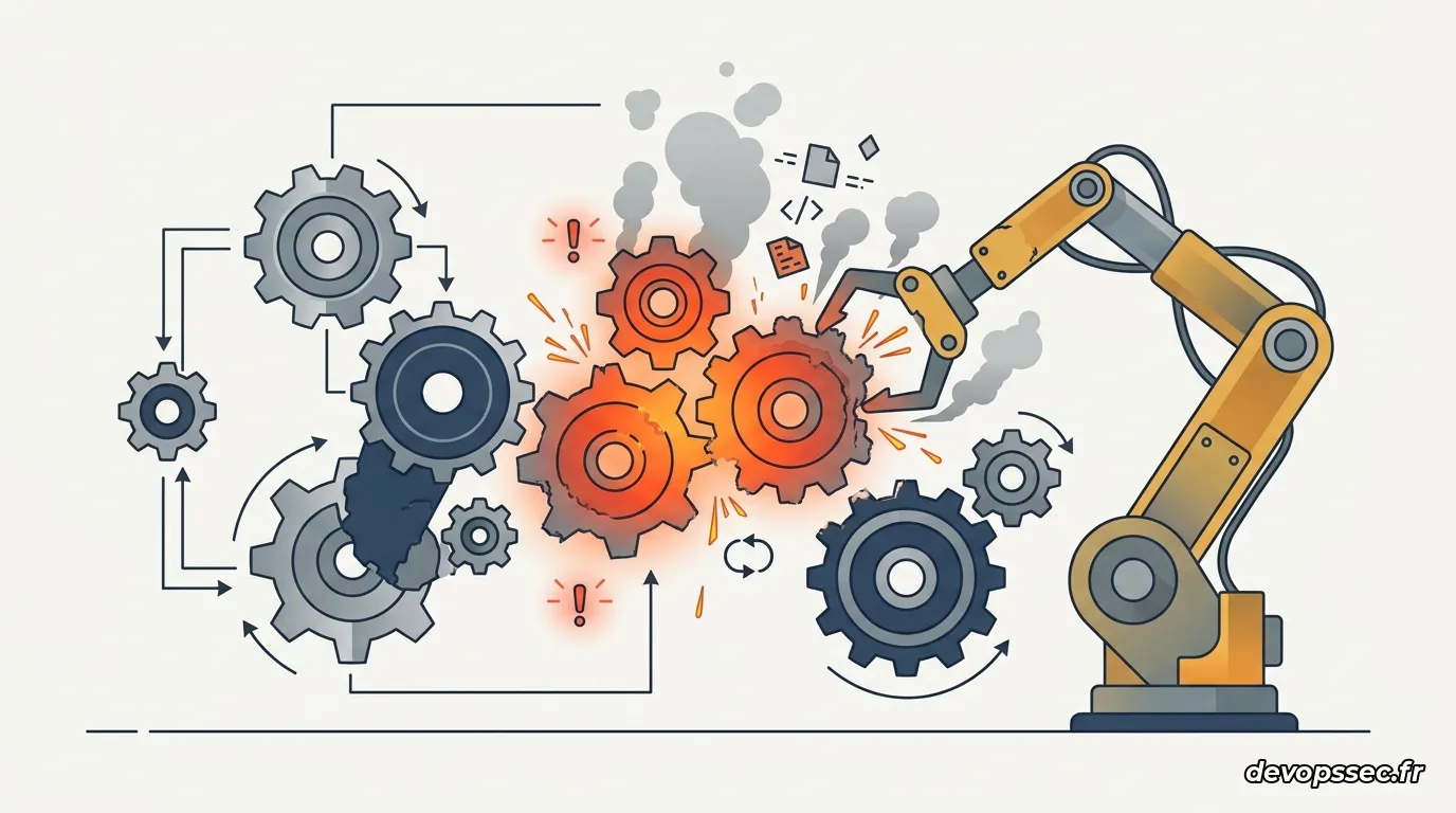 Une chaîne de montage logicielle où des processus automatisés s'emballent et créent un court-circuit