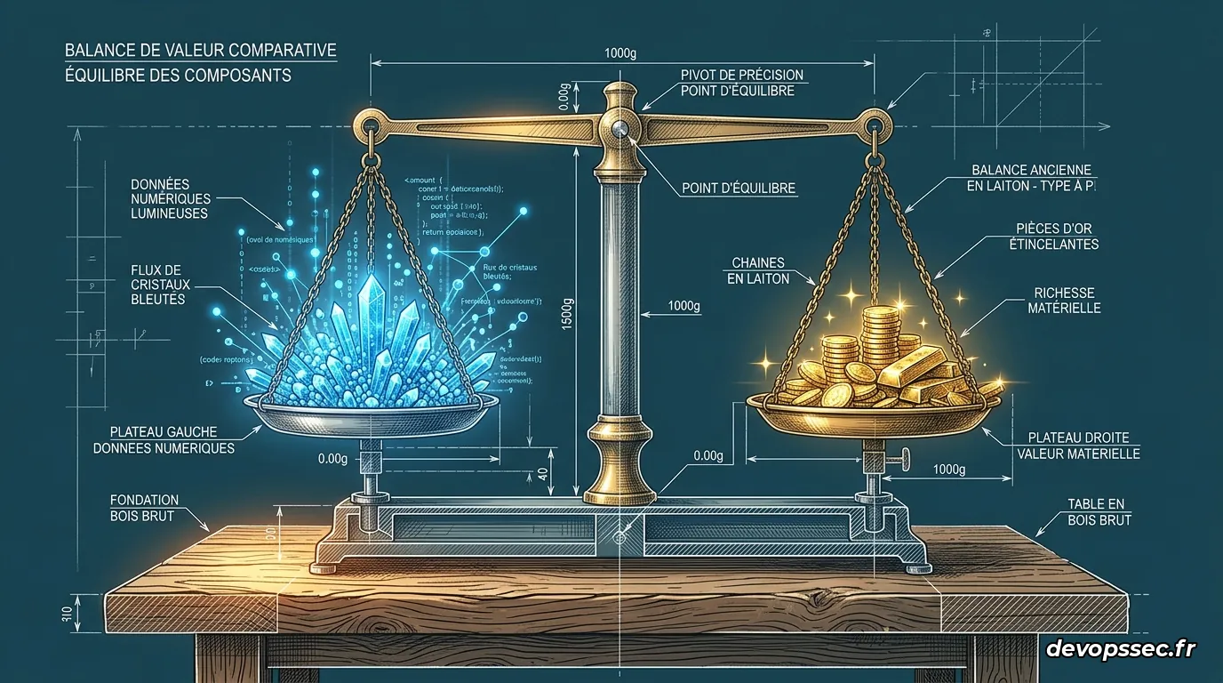 Illustration d'une balance classique de justice pesant d'un côté des disques durs lourdement chargés de données et de l'autre des pièces d'or, représentant l'équilibre entre visibilité et coût