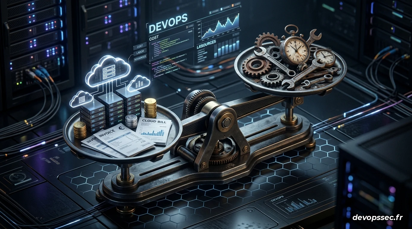 Une balance de justice stylisée en 3D moderne. Sur le plateau de gauche, une pile de serveurs cloud managés brillants avec un symbole de carte bancaire. Sur le plateau de droite, un groupe de développeurs épuisés entourés de tickets de bugs et de boîtes à outils.