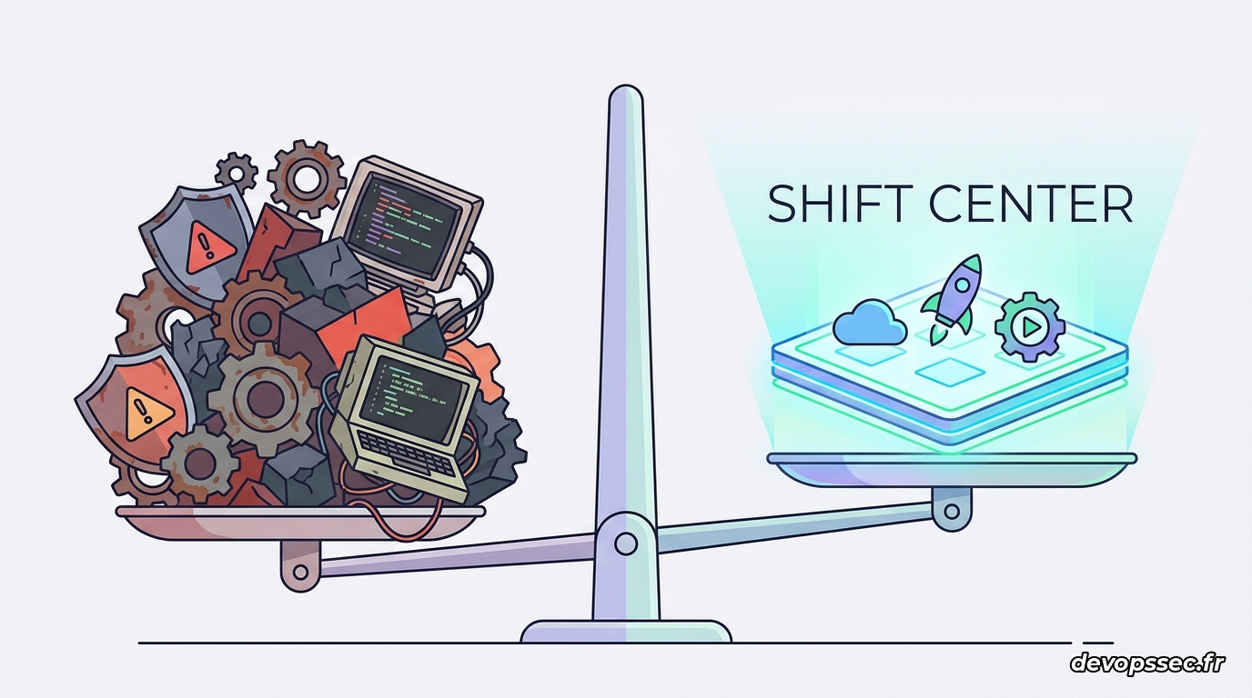 Schéma comparatif en 3D montrant le déséquilibre du Shift Left face à l'harmonie du Shift Center via un portail interne