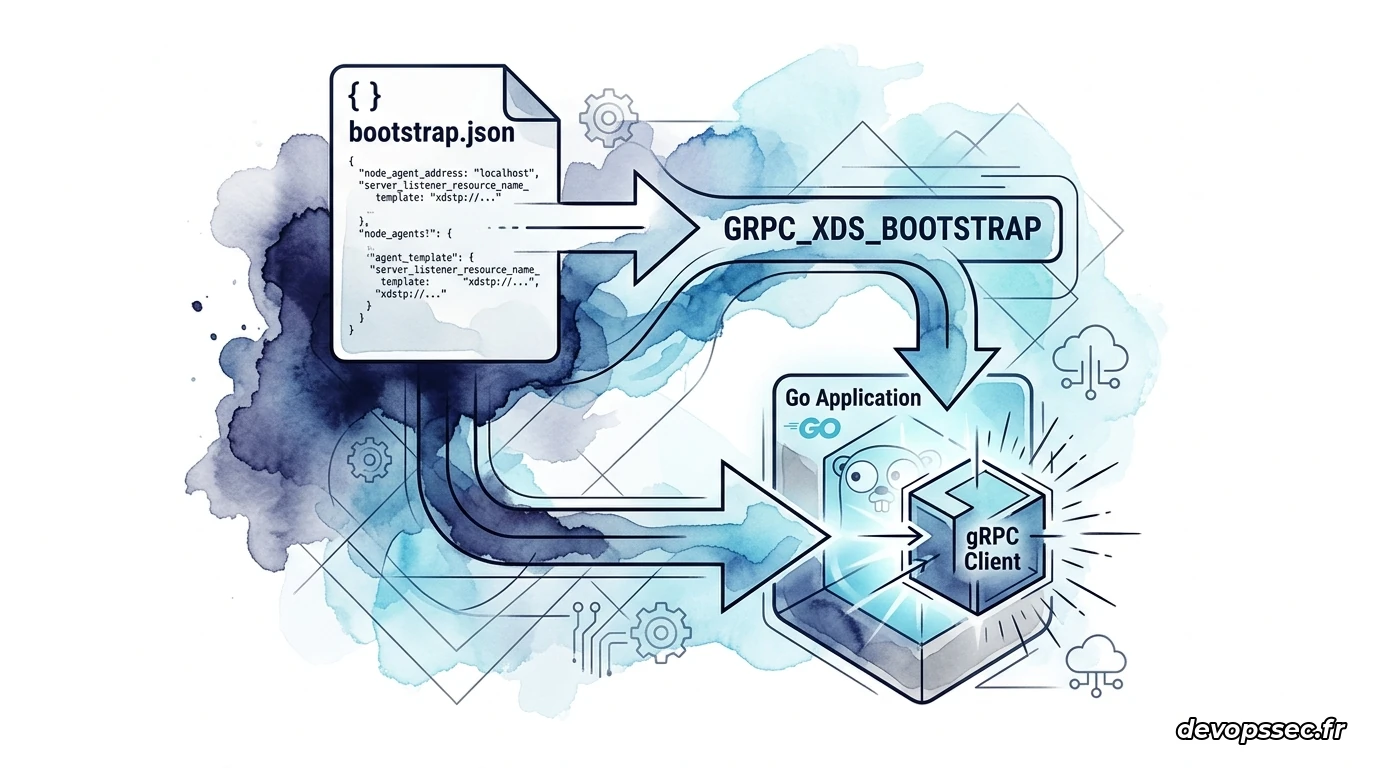 Schéma logique représentant la génération du fichier de bootstrap JSON et son injection dans le conteneur applicatif gRPC pour initialiser la connexion xDS.