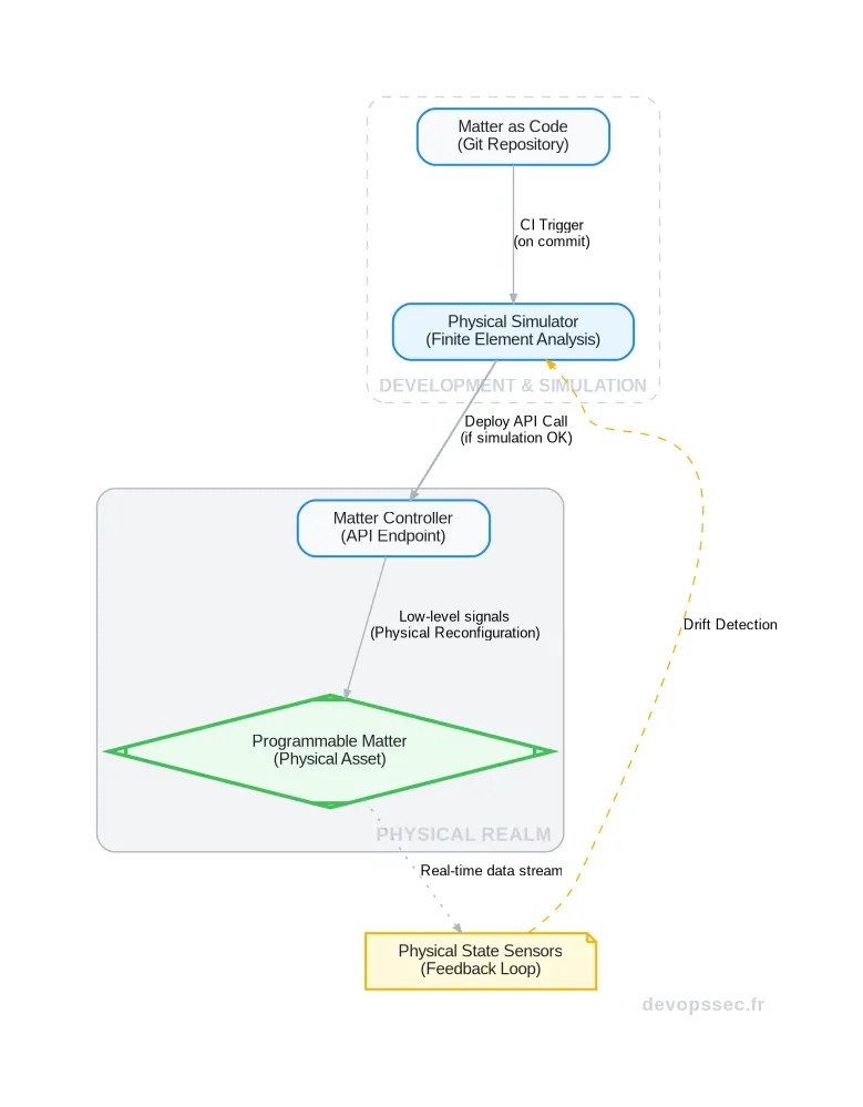 Schéma de pipeline CI/CD pour la matière programmable, montrant les étapes de simulation physique, de déploiement sur le contrôleur et de feedback via des capteurs.