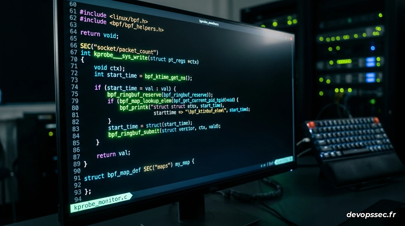Écran de terminal affichant du code C complexe avec des accolades et des pointeurs, symbolisant le développement d'un programme eBPF. L'interface est sombre, typique d'un environnement de production.