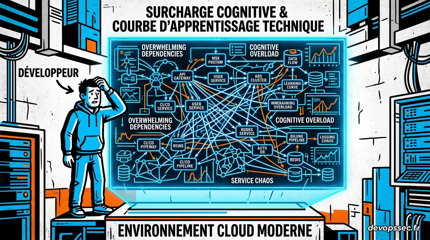 Un développeur perplexe face à un tableau de bord holographique affichant des graphes de dépendances complexes entremêlés. La scène baigne dans une lumière bleutée montrant la surcharge cognitive avec des symboles de code flottant dans l'air de manière désordonnée.