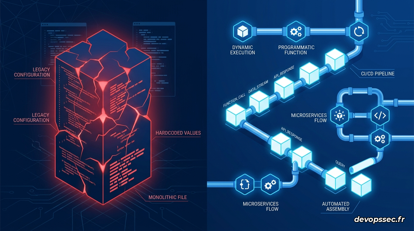 Schéma illustrant la transition d'un fichier YAML statique vers un code dynamique Dagger avec CUE
