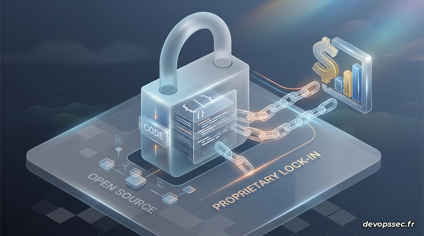 Illustration symbolique d'un contrat de licence open source qui se déchire en deux, avec d'un côté des serveurs lumineux et accessibles, et de l'autre des serveurs enfermés derrière une barrière de péage rouge fluo.