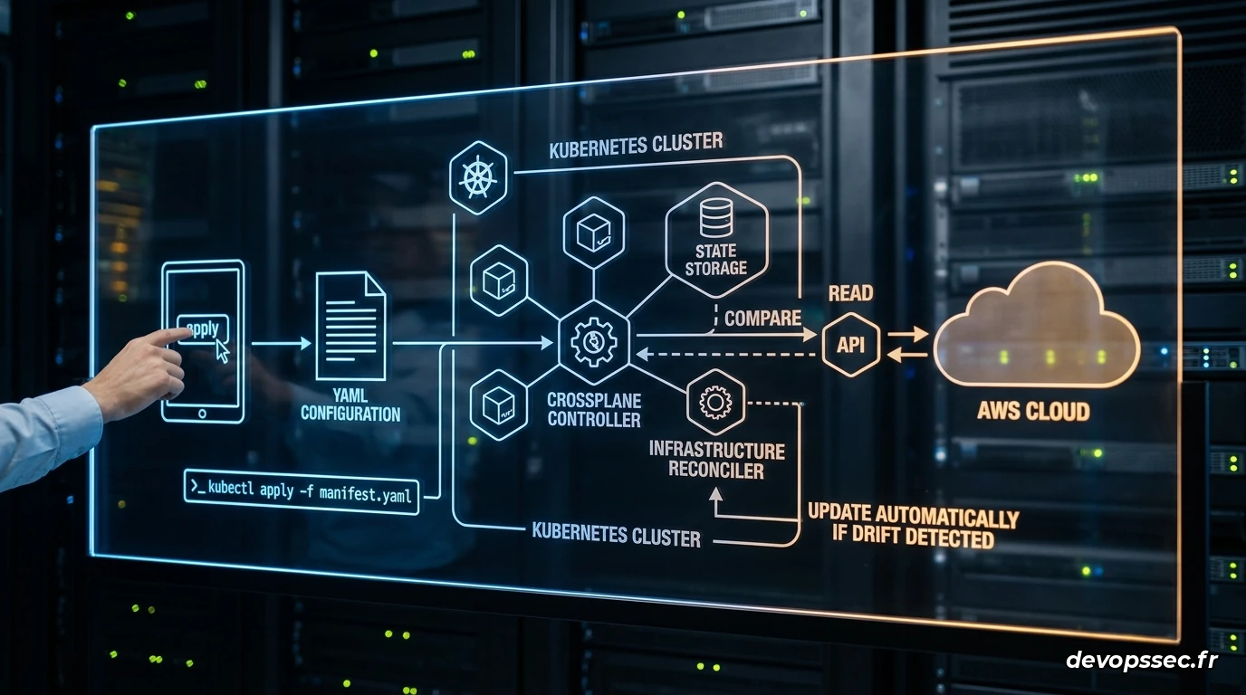 Schéma logique détaillant le mécanisme de boucle de contrôle de Crossplane au sein d'un cluster Kubernetes pour la gestion d'une ressource AWS.