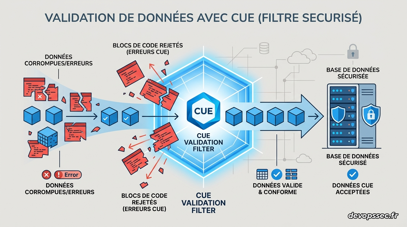 Représentation abstraite de la validation de données avec CUE, montrant un filtre en forme de bouclier énergétique hexagonal qui rejette des blocs de code corrompus rouges tout en laissant passer des cubes de données parfaits et structurés bleus.