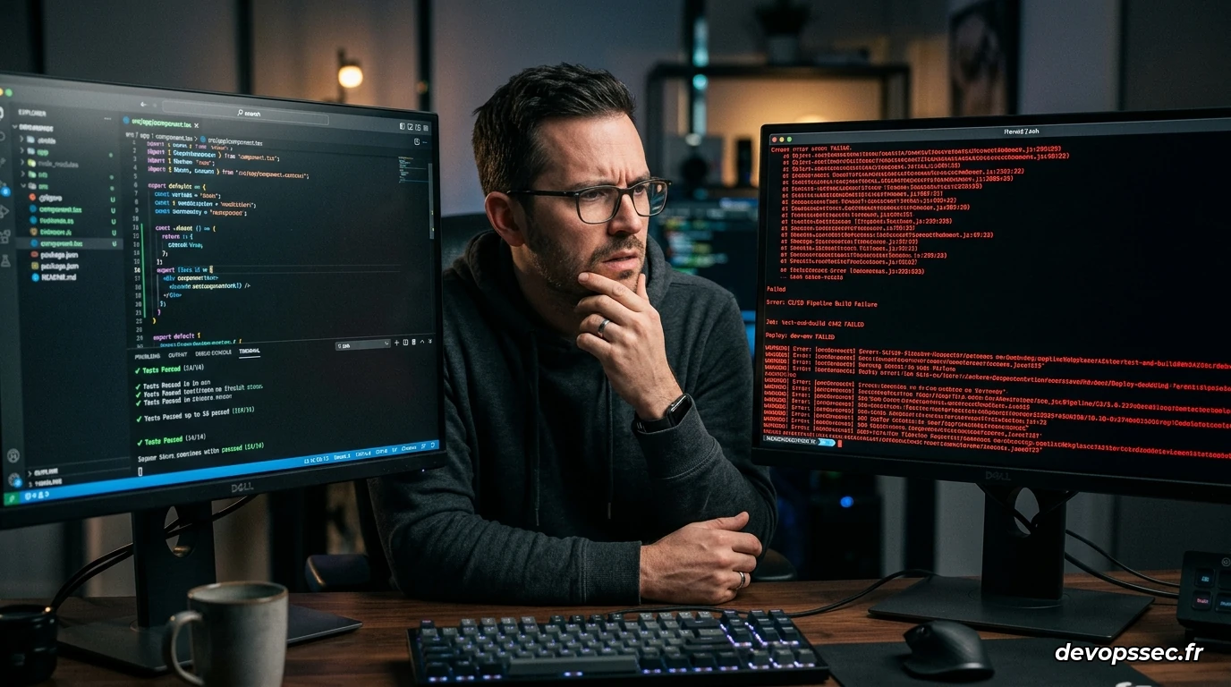 Un développeur perplexe regardant deux écrans. L'un affiche un code source au statut vert vif, l'autre affiche un terminal rouge écarlate d'erreur de déploiement continu.