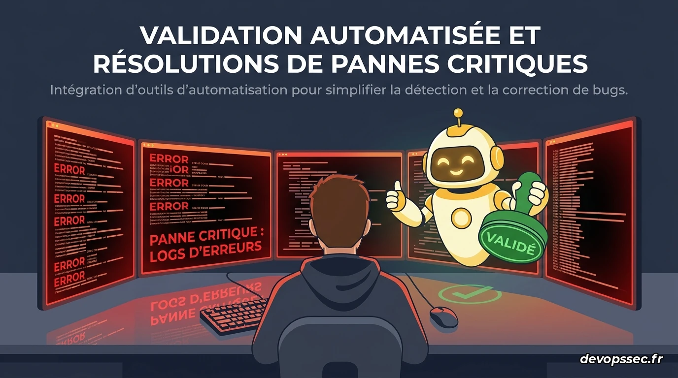 Un développeur de dos face à de multiples écrans affichant des cascades de logs d'erreurs rouges en pleine nuit, avec un robot stylisé souriant en arrière-plan tenant un tampon 'Validé'. Le contraste illustre le décalage entre la génération automatique et la réalité opérationnelle.