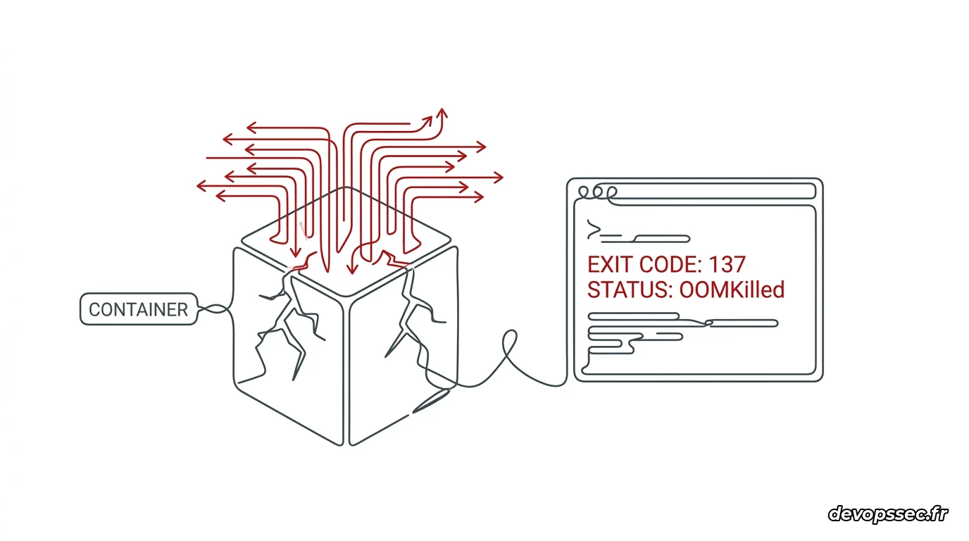 Illustration conceptuelle d'un pod Kubernetes s'éteignant brusquement sous la pression d'une fuite de mémoire avec le code d'erreur 137, style technique épuré.