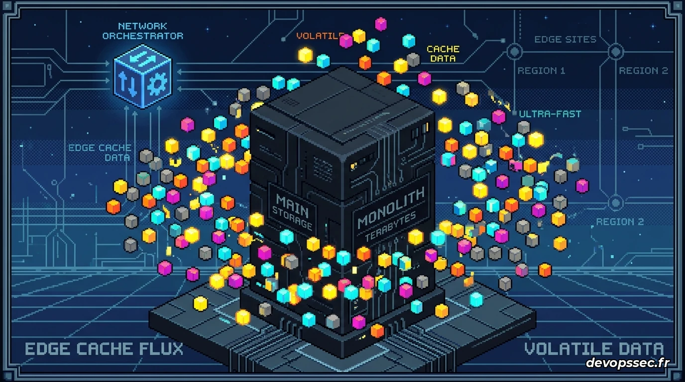 Représentation d'une architecture distribuée où de petites bases de données satellites gravitent autour d'un noyau central