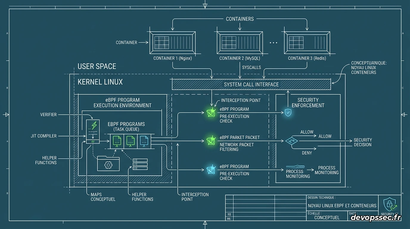 Schéma technique de l'architecture eBPF montrant le passage direct des paquets dans le noyau Linux vers les applications sans sidecar.