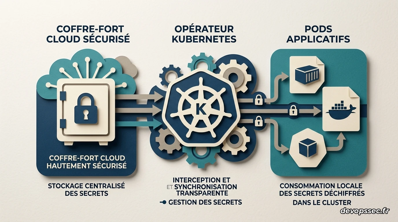 Architecture conceptuelle montrant la synchronisation sécurisée des secrets d'un coffre cloud vers Kubernetes