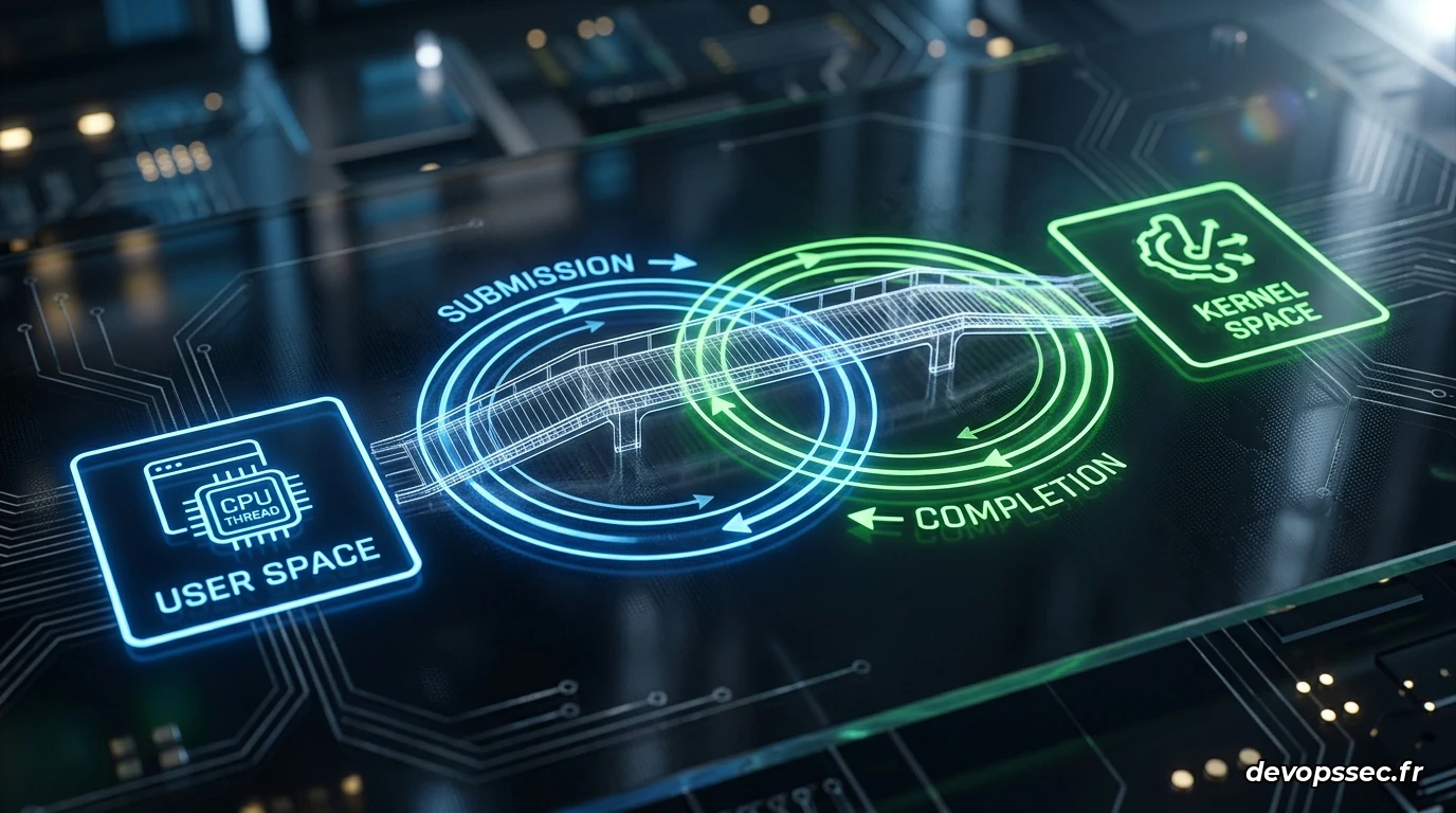 Visualisation conceptuelle de l'interface io_uring montrant le pont asynchrone entre l'espace utilisateur et le noyau Linux