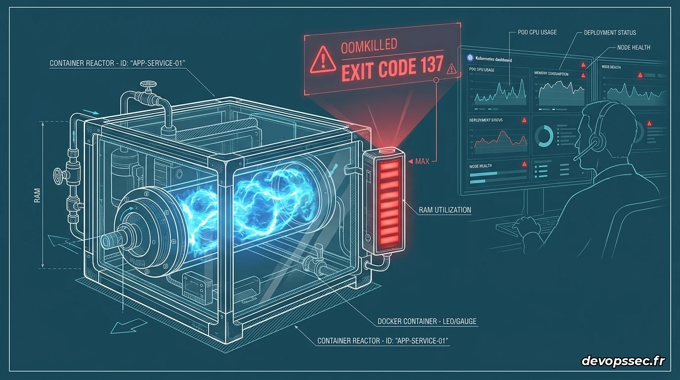 Illustration conceptuelle d'un conteneur Kubernetes surveillé par un système de monitoring, montrant une alerte d'allocation de mémoire vive avec des métriques en temps réel