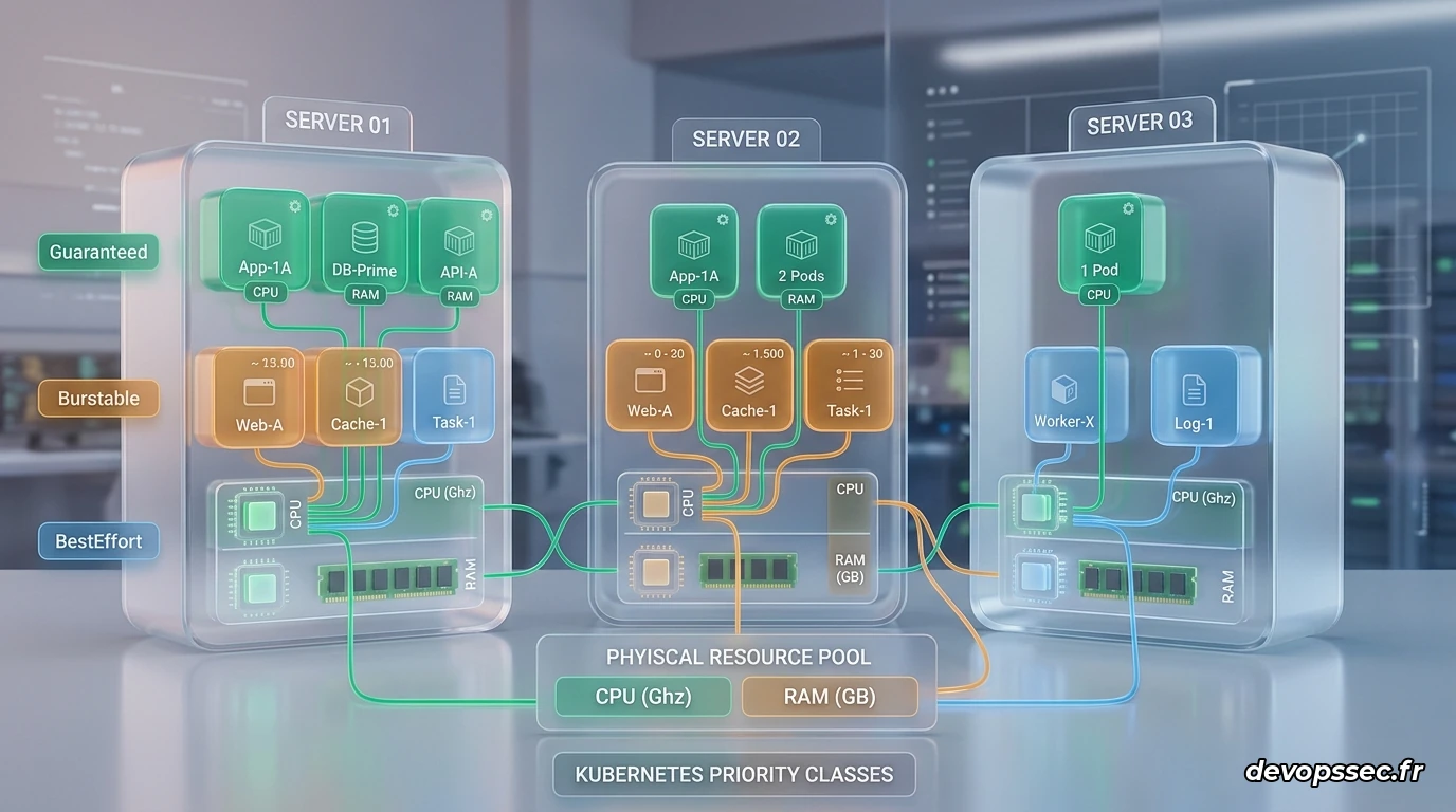 Schéma d'architecture Kubernetes montrant la répartition des pods selon leur classe de service QoS