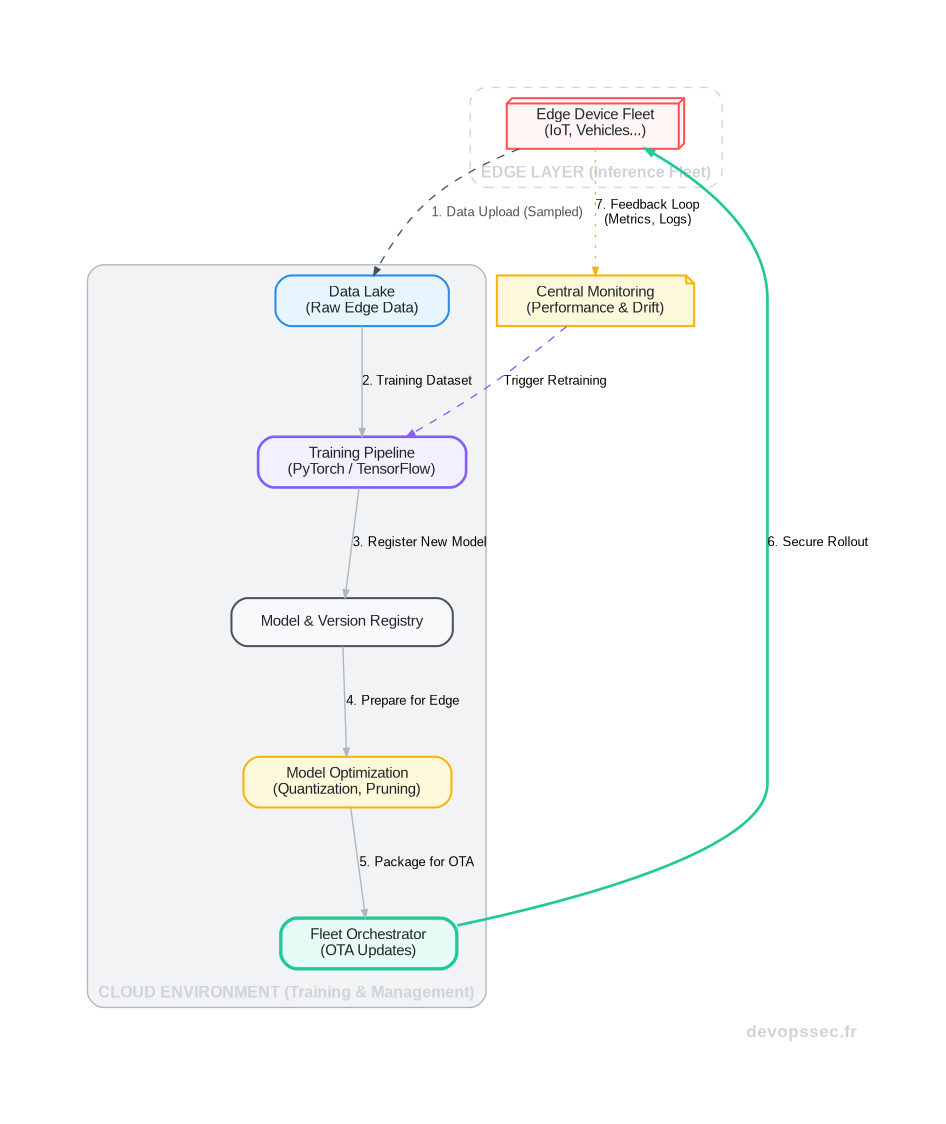 Schéma technique illustrant le cycle de vie complet d'un pipeline MLOps pour le Edge, depuis la collecte de données sur les appareils jusqu'au déploiement du modèle optimisé, en passant par l'entraînement dans le Cloud.