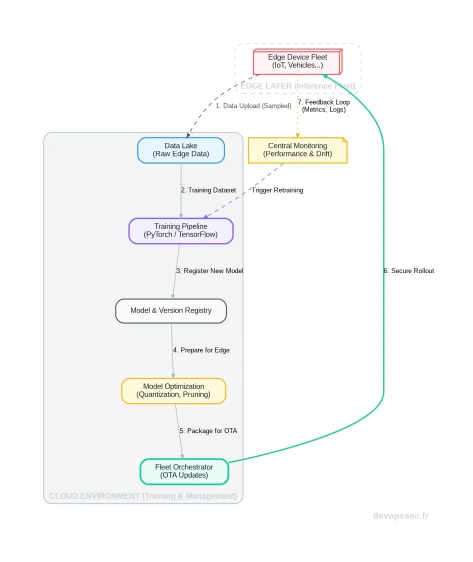 Schéma technique illustrant le cycle de vie complet d'un pipeline MLOps pour le Edge, depuis la collecte de données sur les appareils jusqu'au déploiement du modèle optimisé, en passant par l'entraînement dans le Cloud.