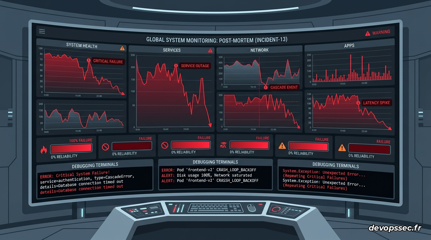 Un grand écran de monitoring dans un centre de contrôle sombre affichant des métriques en chute libre et des alertes rouges