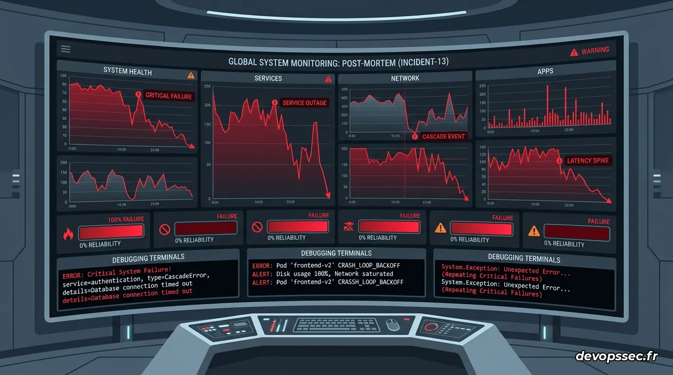 Un grand écran de monitoring dans un centre de contrôle sombre affichant des métriques en chute libre et des alertes rouges