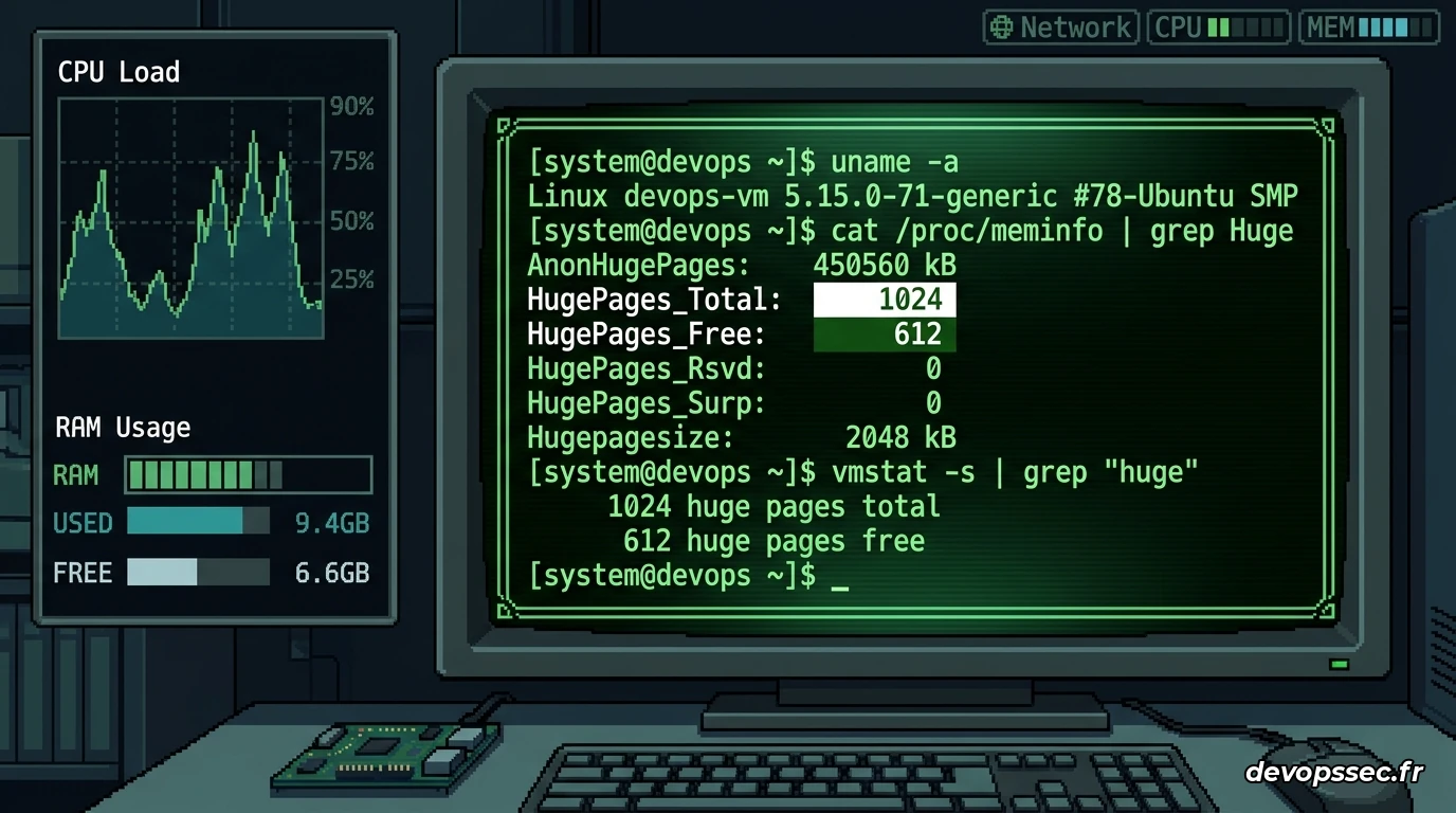 Vue rapprochée d'un terminal administrateur affichant les statistiques de consommation de la mémoire et l'état d'allocation des Hugepages.