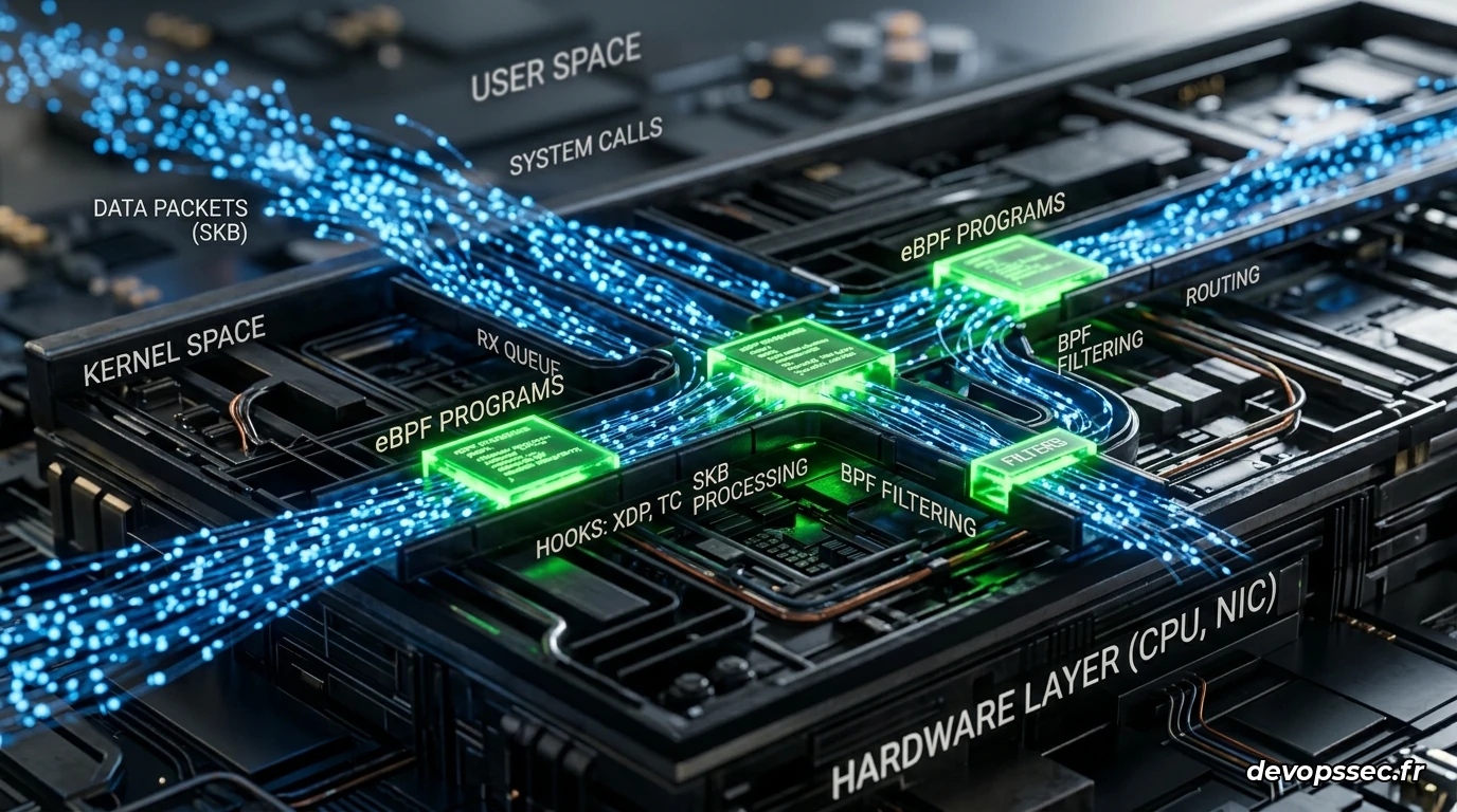 Schéma abstrait illustrant le noyau Linux en bleu profond communiquant avec des modules eBPF lumineux, gérant des files d'attente de processus sur des cœurs CPU de manière dynamique.