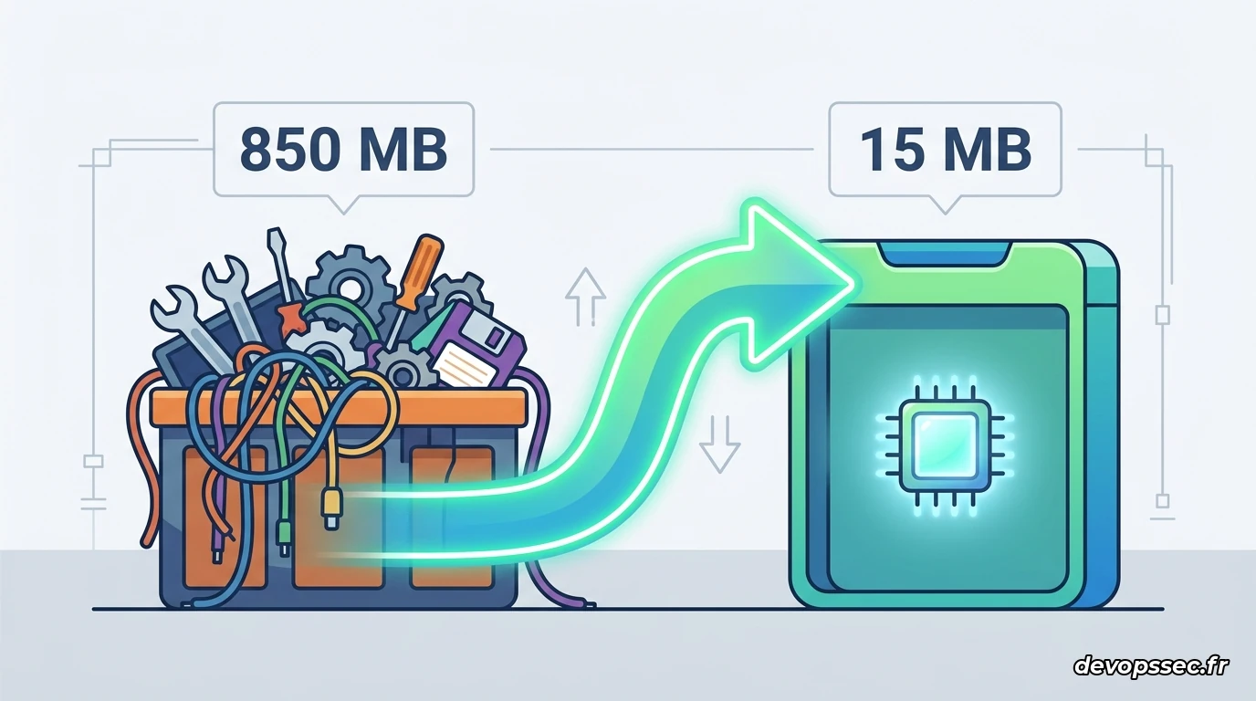 Illustration de la réduction spectaculaire de la taille d'une image Docker grâce au multi-stage build