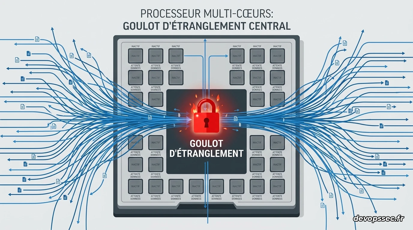 Visualisation de la contention CPU où des dizaines de cœurs de processeurs sont bloqués par un unique verrou centralisé brillant en rouge.