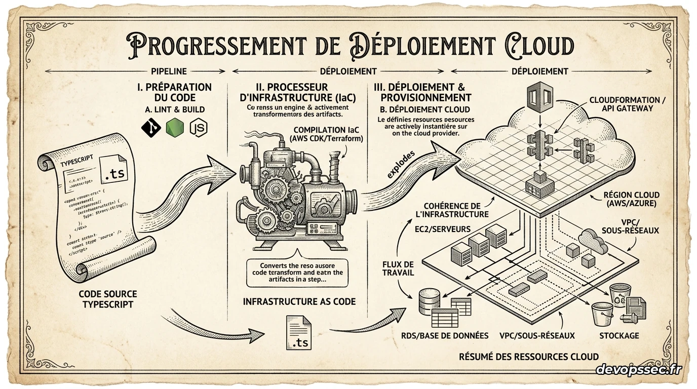 Illustration de l'architecture d'un déploiement d'infrastructure utilisant TypeScript, montrant les étapes de compilation et de validation avant l'application sur le cloud.
