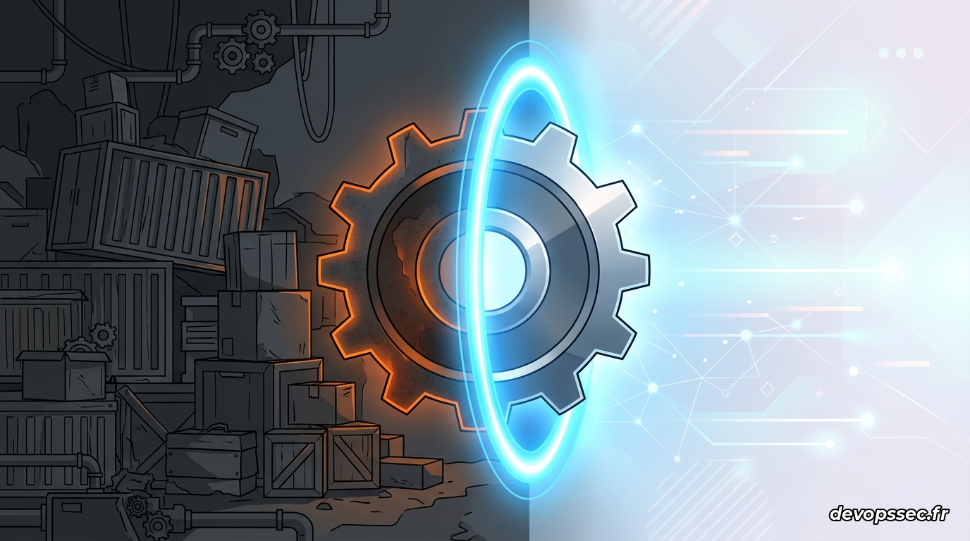 Illustration futuriste d'un engrenage minimaliste couleur rouille traversant un portail d'énergie purifié, symbolisant la conversion d'une application lourde vers un Unikernel léger