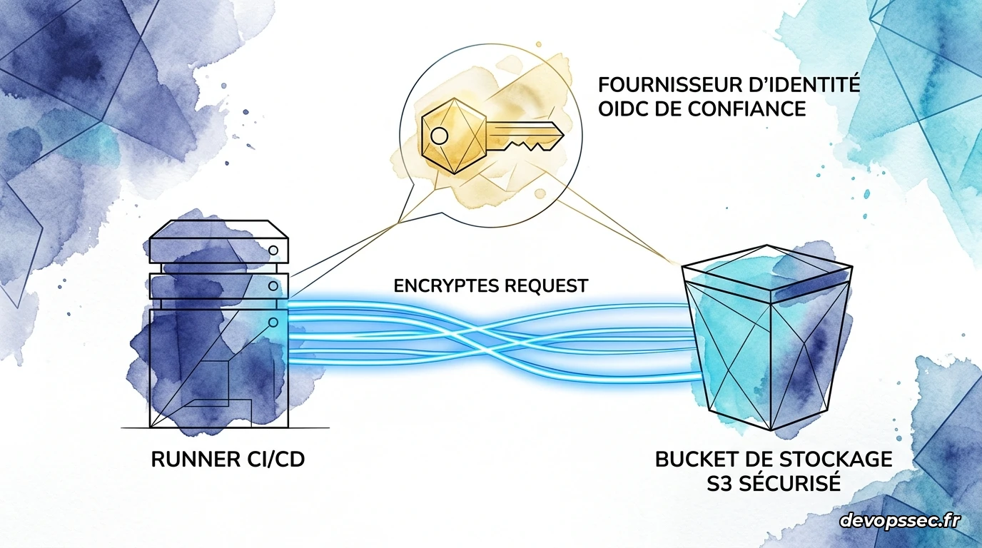 Architecture cloud sécurisée illustrant l'intégration de sccache avec un bucket Amazon S3 privé via des rôles IAM d'OIDC OpenID Connect.