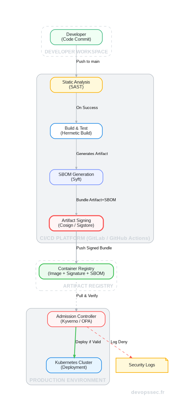 Schéma technique illustrant un pipeline CI/CD sécurisé, montrant le flux depuis le commit du développeur jusqu'au déploiement sur Kubernetes, en passant par les étapes de scan, de build, de génération de SBOM et de signature d'artefact.