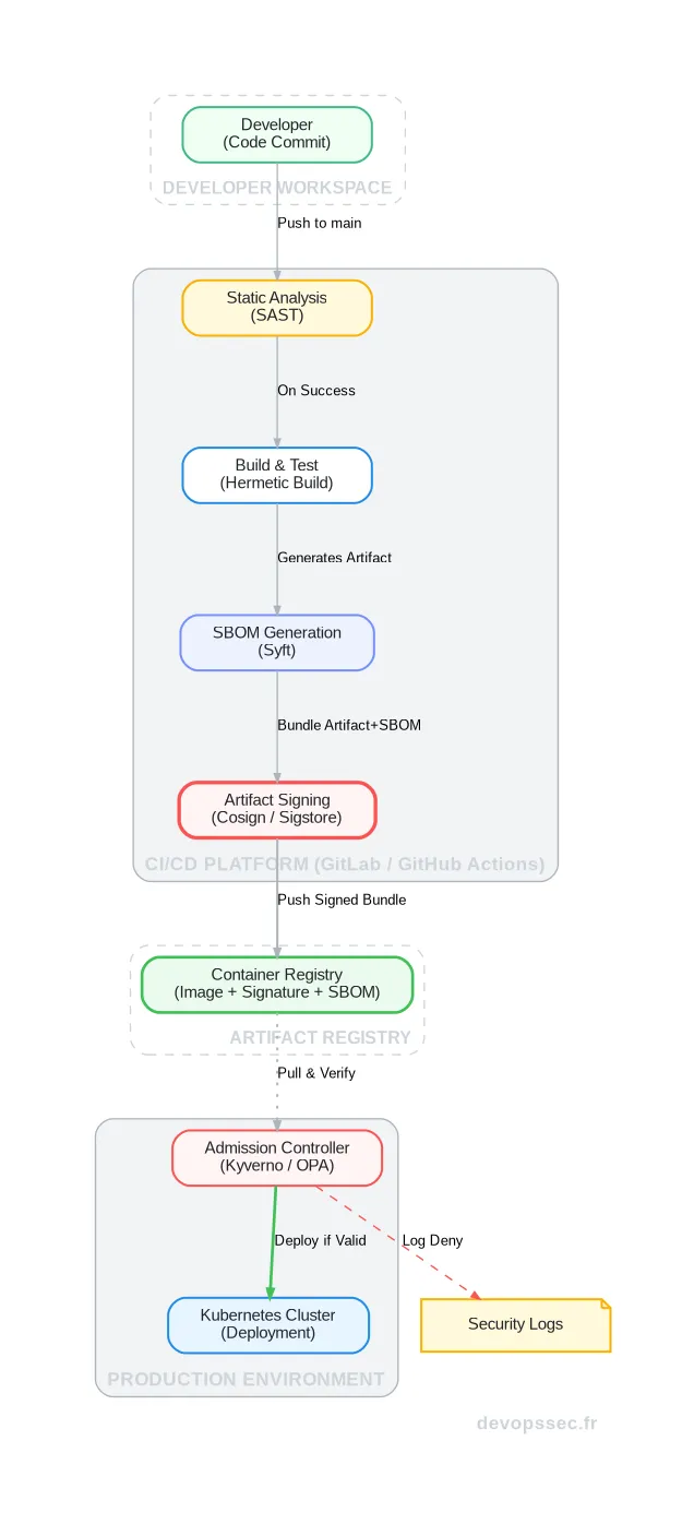 Schéma technique illustrant un pipeline CI/CD sécurisé, montrant le flux depuis le commit du développeur jusqu'au déploiement sur Kubernetes, en passant par les étapes de scan, de build, de génération de SBOM et de signature d'artefact.
